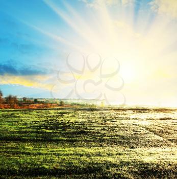 Royalty Free Photo of a Sunrise Over a Field