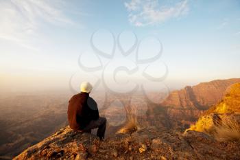 Royalty Free Photo of a Hiker in the Simien Mountains in Ethiopia