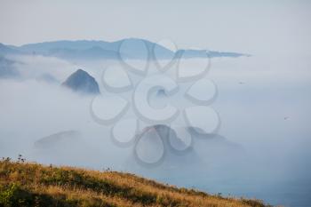 Royalty Free Photo of the Pacific Ocean Coast in Fog