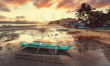 Traditional Philippino boat in the sea, Palawan island, Philippines