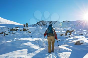 Hikers in the winter mountains