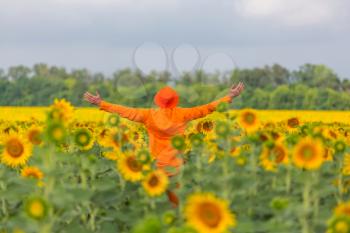 Man in orange clother in sunner sunflowers field