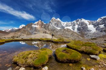 Hiking scene in Cordillera mountains, Peru