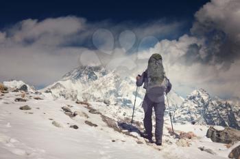 Hiker in Himalayas mountain. Nepal