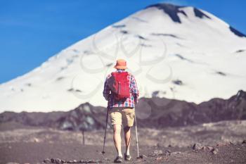 Man in hike in volcanoes region (Araucania) in Chile, South America