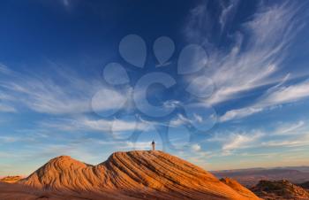 Hike in the Utah mountains. Hiking in unusual natural landscapes. Fantastic forms sandstone formations.