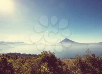 Beautiful lake Atitlan and volcanos in the highlands of Guatemala, Central America