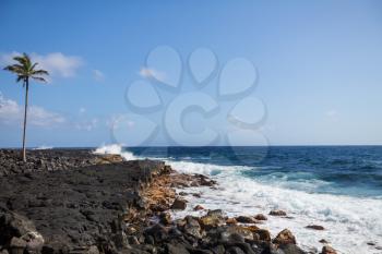 Amazing hawaiian beach. Wave in ocean and volcanic lava coast