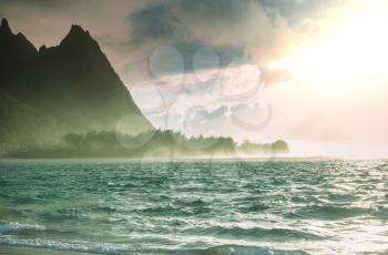 Beautiful scene in Tunnels Beach on the Island of Kauai, Hawaii, USA