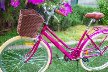 Retro Vintage city bike parked in summer garden