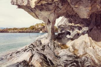 Unusual marble caves on the lake of General Carrera, Patagonia, Chile. Carretera Austral trip.