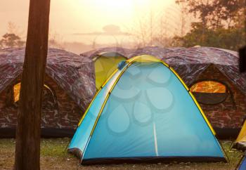 Tents in the camping at sunrise