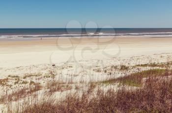 Sandy beach in ocean coast. Travel background.