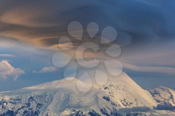 Unusual storm clouds over the mountain peak. Wrangell-St. Elias National Park and Preserve, Alaska.