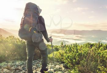 Man in a hike in the summer mountains. Beautiful natural landscapes.