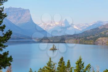 Picturesque rocky peaks of the Glacier National Park, Montana, USA. Beautiful natural landscapes.