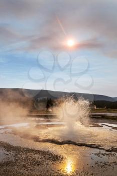 Inspiring natural background. Pools and  geysers  fields  in Yellowstone National Park, USA.