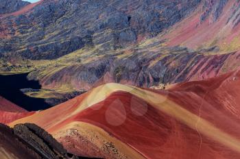 Hiking scene in Vinicunca, Cusco Region, Peru. Montana de Siete Colores,  Rainbow Mountain.