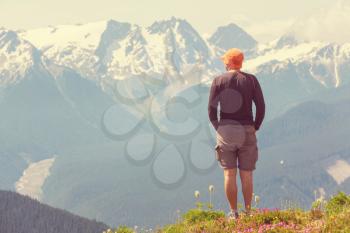 Hiking man in the mountains