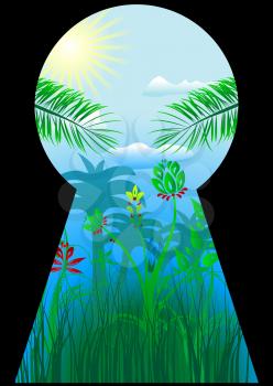 Royalty Free Clipart Image of a Keyhole Showing the Tropics