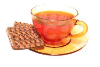 Cup of tea with cookies on a white background