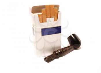 Pack of cigarettes and pipe on a white background