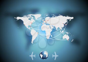 Air traffic vector blue background with world map