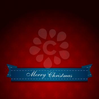 Vintage red Christmas greeting card with snowflakes and blue ribbon. Vector design