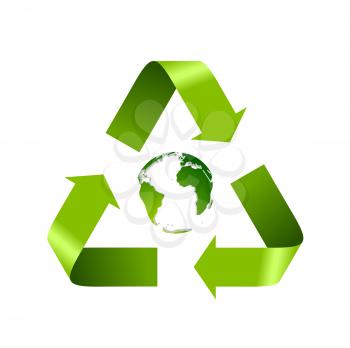 Green recycle logo and globe isolated on white. Vector background