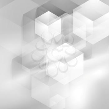 Abstract grey smooth waves and tech cubes. Vector background