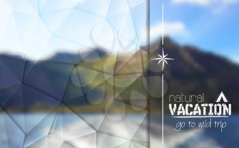 Camping logo label on mountain blurred landscape background. Vector corporate cover design