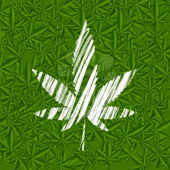 White grunge cannabis leaf on green pattern. Vector background