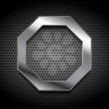 Metal octagon logo on perforated background. Vector design