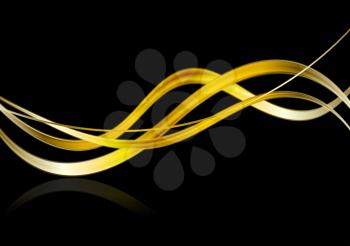 Bright glow golden waves on black background. Vector graphic design