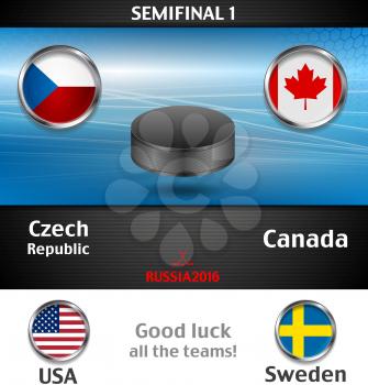 Semifinal of the world championship hockey background with black puck. Vector graphic winter sport design