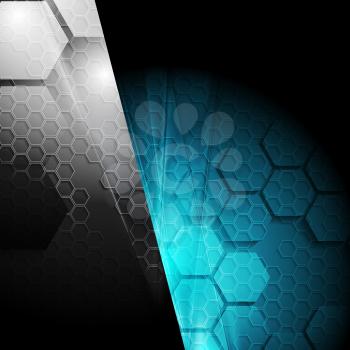 Dark contrast black and blue tech geometric background with hexagons. Vector design