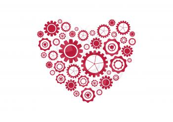 Bright red heart from tech gears abstract background. St Valentines Day vector design
