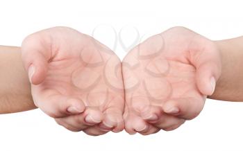 Woman giving hands isolated on white background