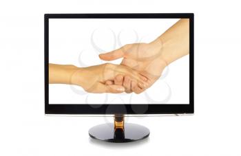 Shaking hands of two people, man and woman, in monitor isolated on white