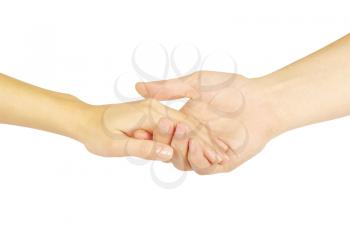 Shaking hands of two people, man and woman, isolated on white.