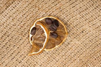 lemons and coffee beans on burlap