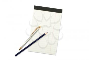 Notebook with pencil and pen isolated on white