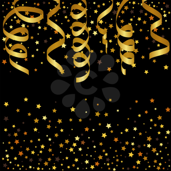 Christmas background with gold streamers and star confetti. Vector illustration