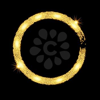 Gold glitter circle banner with stars. Vector illustration