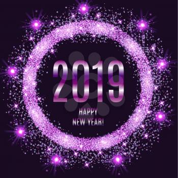 2019 Happy New Year glowing violet background. Vector illustration