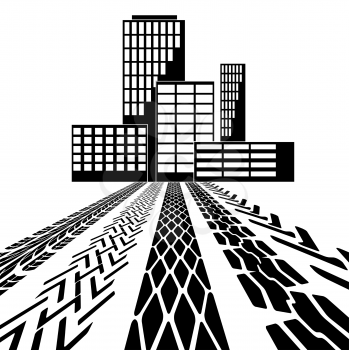 Royalty Free Clipart Image of Tire Tracks Leading to Buildings