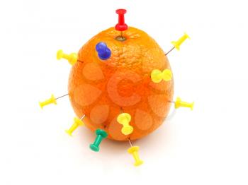 Isolated colourful office pins thrust in an orange