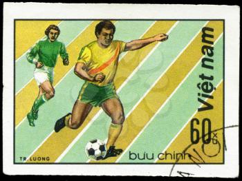 VIET NAM - CIRCA 1982: A post stamp printed in Viet nam shows shows football, series devoted World Cup in Spain, circa 1982.