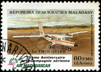REPUBLICA MALAGASY - CIRCA 1987: A stamp printed in Malagasy (Madagascar) shows plane Twin Otter, circa 1987