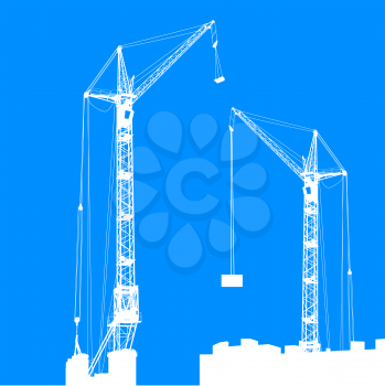 Silhouette of two cranes working on the building. Vector illustration.